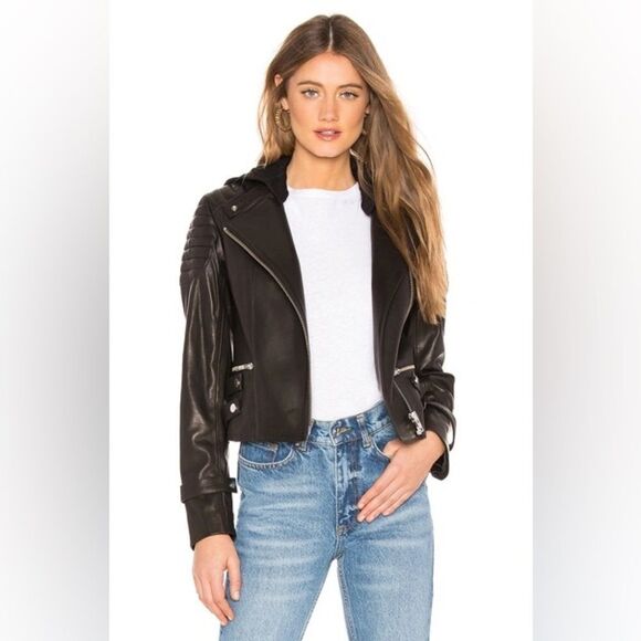 A.L.C. Knight Leather Biker Jacket Hooded Zipper Moto Black - Picture 3 of 14